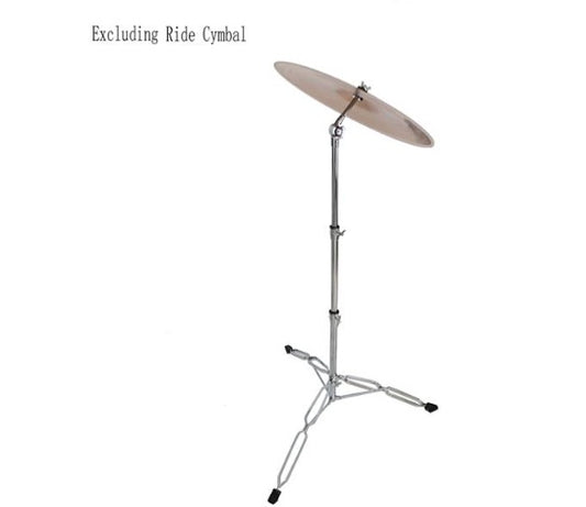 A vertical and diagonal rhythm cymbal stand on a white background, excluding the ride cymbal.
