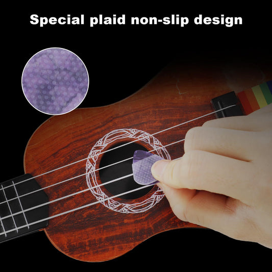 A hand placing a transparent silicone guitar pick on a ukulele strings, with a close-up inset showing the non-slip texture of the pick.