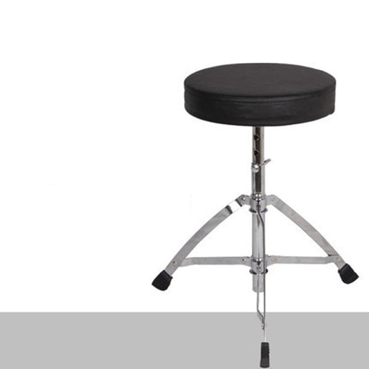 Adjustable height drum stool with a black cushioned seat and a metal frame, featuring a tripod base.