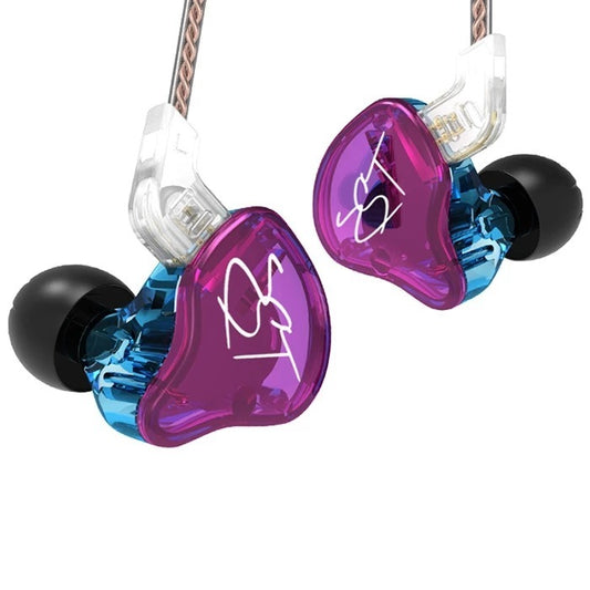A pair of in-ear wireless headphones with purple and blue color accents, featuring a signature on the earbuds.