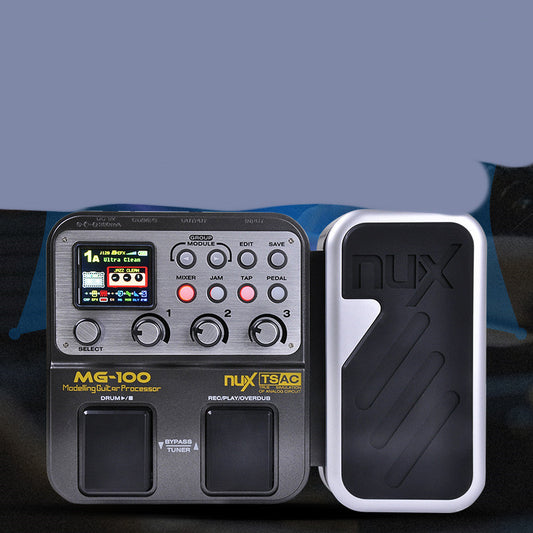 A digital integrated distortion synthesis stompbox drum machine with various control buttons and a foot pedal, branded NUX.