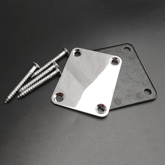 A stainless steel electric guitar neck body connection plate with screws, suitable for electric guitars and basses.