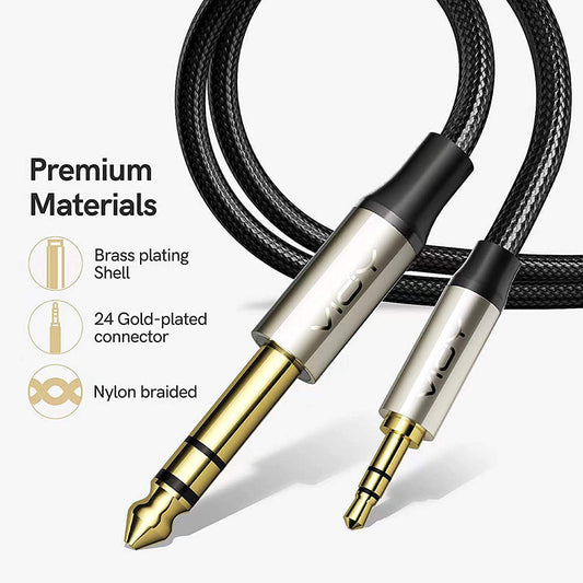 A black audio cable with gold-plated connectors and a nylon braided exterior.