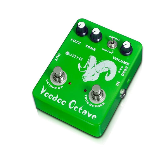 A green electric guitar pedal with knobs for volume, tone, and fuzz, and a switch for octave control. The pedal has a 'Voodoo Octave' label and is made of aluminum alloy.