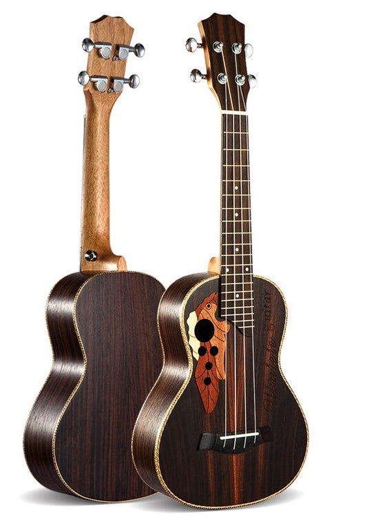 A small guitar ukulele with a dark wood finish, displayed from two angles showing the front and side profiles.