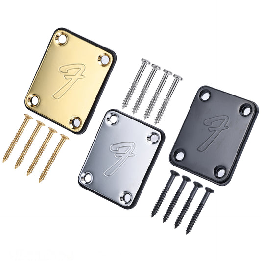 Three color options of Fender guitar neck reinforcing plates in gold, silver, and black color, accompanied by four mounting screws for each plate. options