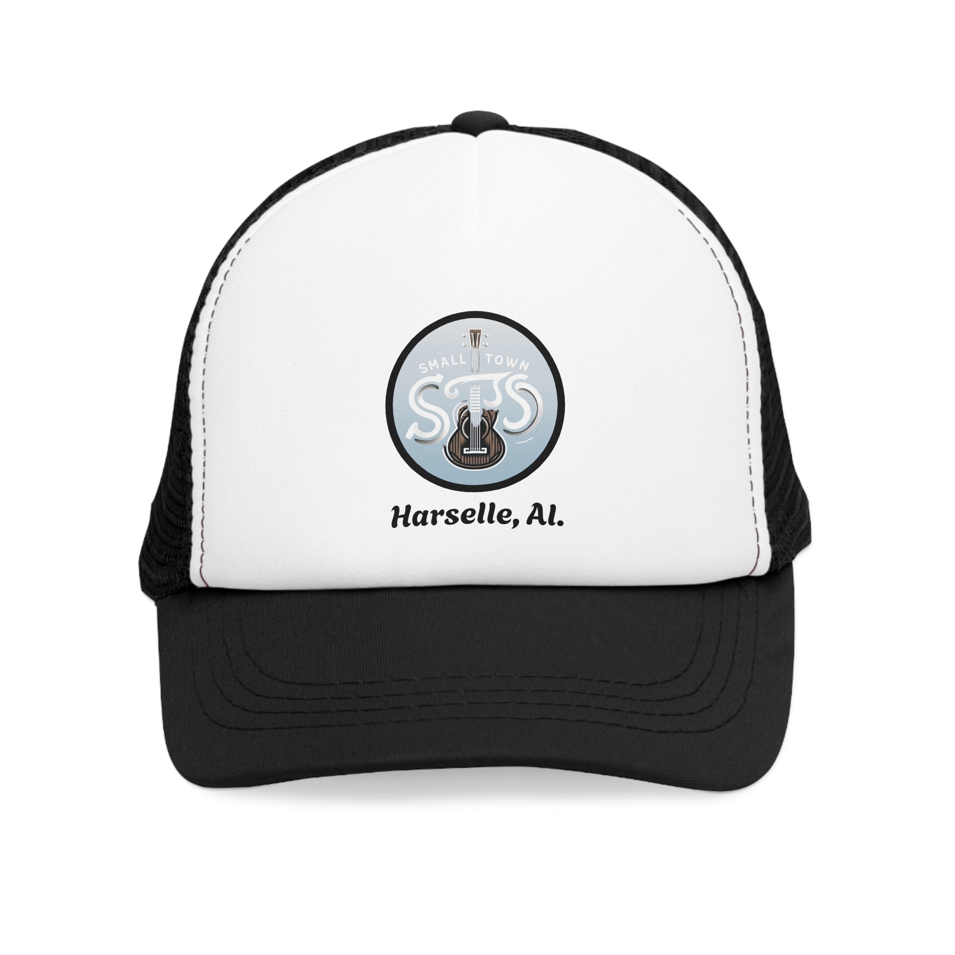 A black and white trucker cap with a mesh back and a logo on the front that includes text 'S-T-A-R-S' and 'Harselle, Al'.