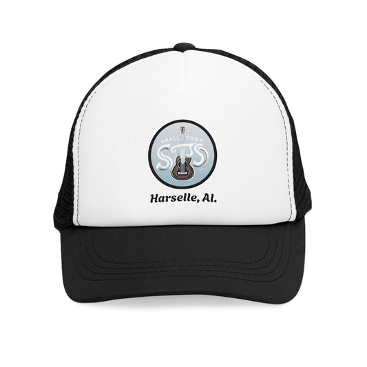 A black and white trucker cap with a mesh back and a logo on the front that includes text 'S-T-A-R-S' and 'Harselle, Al'.