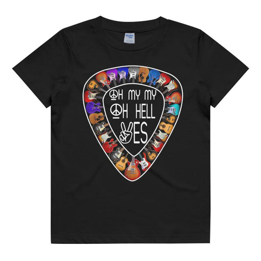 Black T-shirt with a graphic design featuring text and a stylized peace sign on the front.