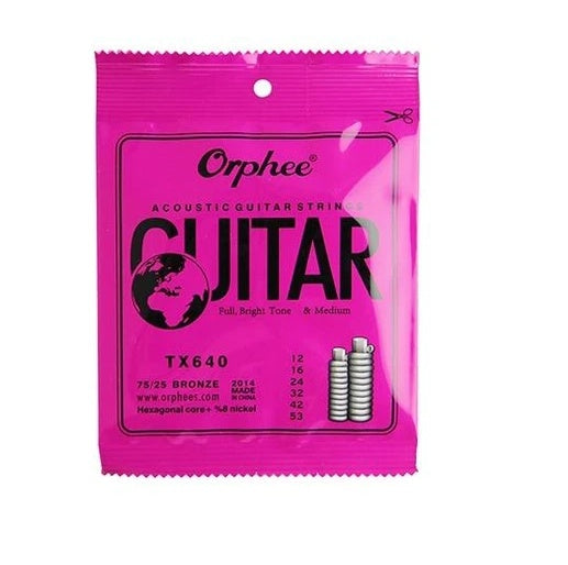 A pack of Orphee brand bronze phosphorus folk acoustic guitar strings, displayed on a pink background.