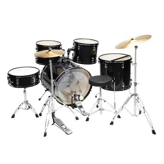 A full-size black drum set by Glarry, including a 22-inch bass drum, various toms, a snare drum, cymbals, and a drum throne with stands and drumsticks.
