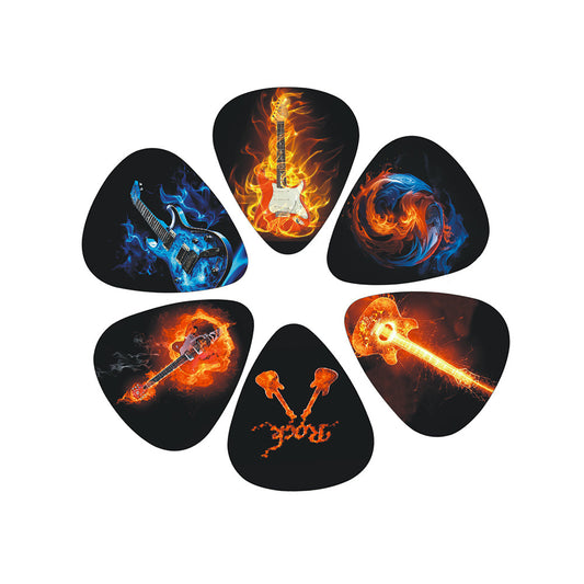 A set of guitar picks with a colorful flame design on a black background.