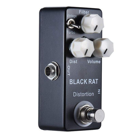 A mini guitar effects pedal named BLACK RAT Distortion, with knobs for filter, volume, and distortion, and a footswitch.