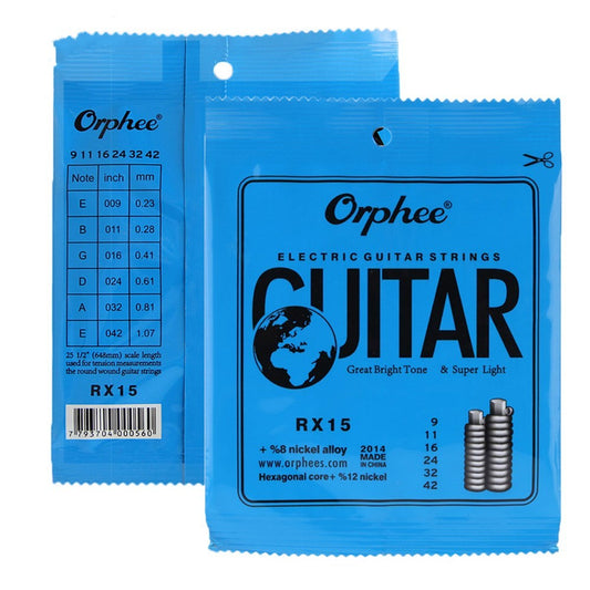 Packaging of Orphee electric guitar strings with blue background, displaying the string gauge sizes and the model RX15.