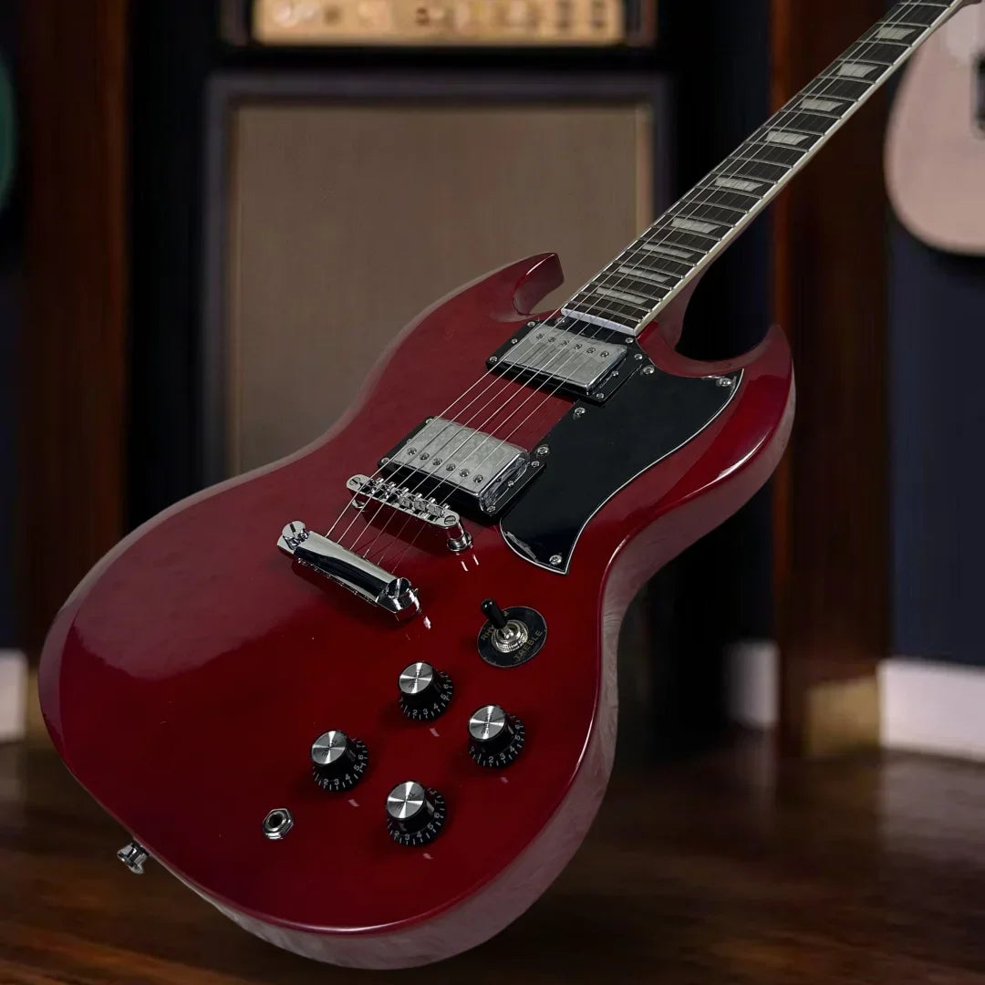 Electric Guitar Free Shipping 6 Strings Red SG Double-cutaway Design Lightweight Body Black Plate with Upgrade Accessories