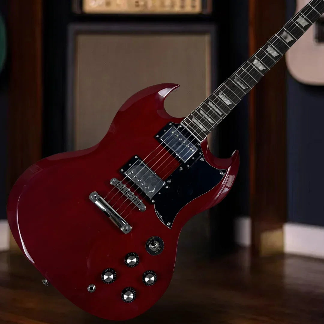 Electric Guitar Free Shipping 6 Strings Red SG Double-cutaway Design Lightweight Body Black Plate with Upgrade Accessories