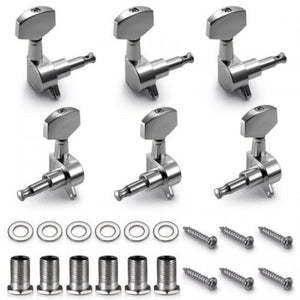 A set of six silver or gold-plated semi-closed guitar pegs with screws and washers, suitable for tuning acoustic guitars.