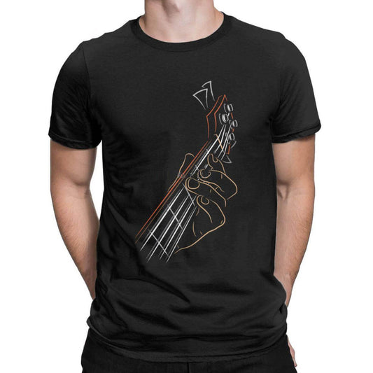A black T-shirt featuring a graphic of a bass guitar on the front.