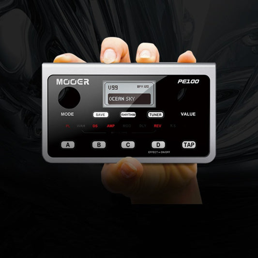 A handheld electronic guitar multi effects device with various control buttons and interfaces, predominantly black in color.