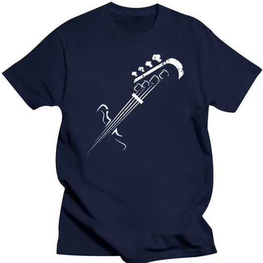 A navy blue T-shirt with a graphic print of a bass guitar on the front.