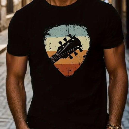 A black short-sleeved men's T-shirt with a printed graphic of a guitar in the center, featuring a round neckline.