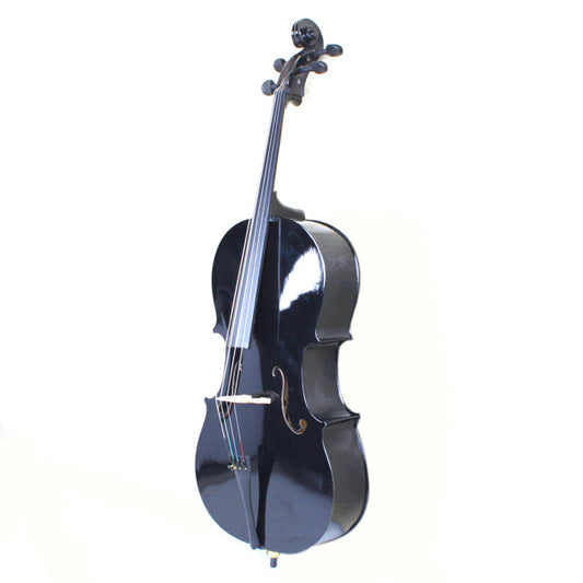 A full-size black wood cello with a bow, displayed against a white background.