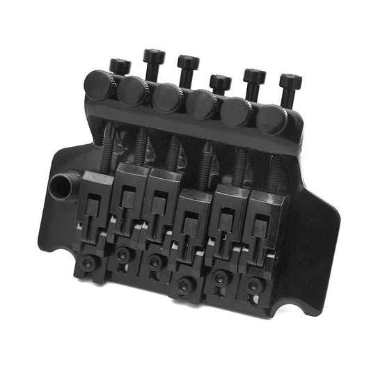 A black metal double rocker bridge tremolo system for electric guitars.