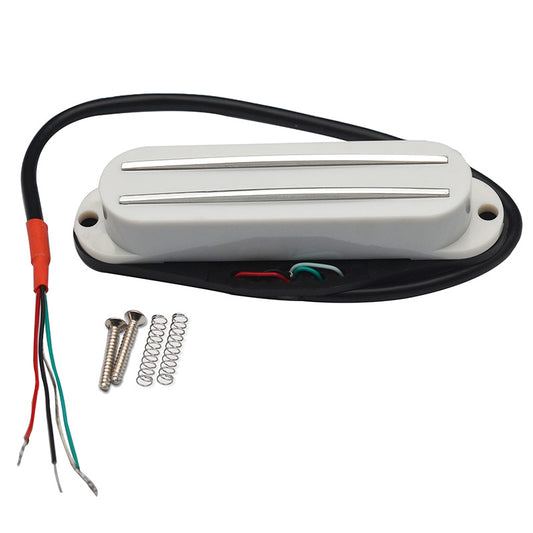 An electric guitar double-coil pickup with wires and mounting screws, displayed against a white background.