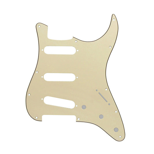 A single-layer electric guitar pick guard plate for a Fender Stratocaster body in a beige color with a tortoise shell pattern.