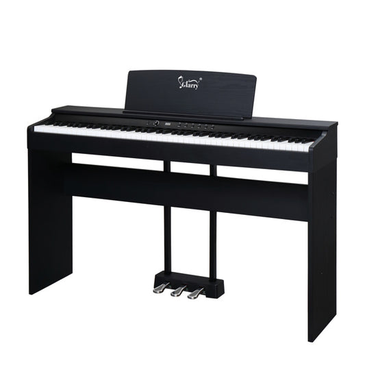 An 88-key Glarry digital piano with a full standard weighted action keyboard, three pedals, and a black finish.