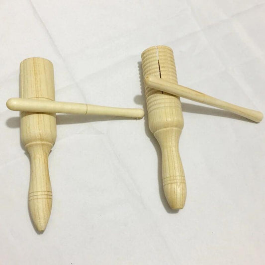 Two wooden single sound tubes with mallets on a white background.