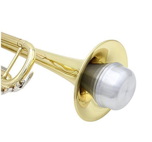 A brass trumpet with a silver mute attached to it.