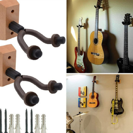 A collection of images showing a wood guitar wall mount in various colors holding different guitars. There are also screws included at the bottom.