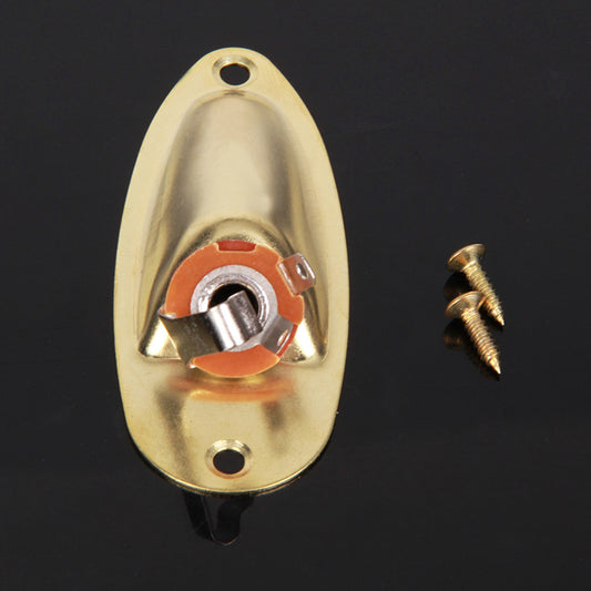 A gold-colored boat pickup hole socket designed for electric guitars, displayed alongside two screws.