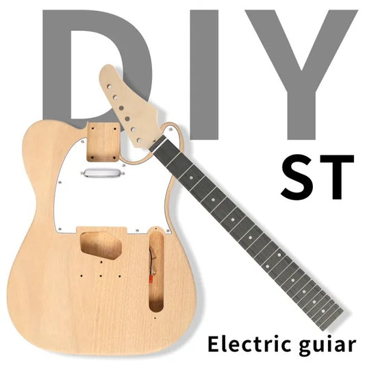 Unfinished electric guitar with 'DIY ST' text on a white background