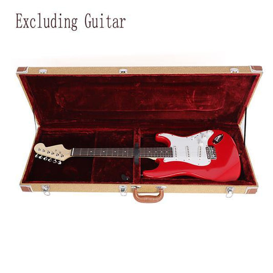 Red electric guitar inside an open guitar case on a white background