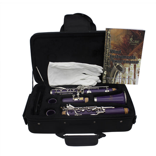 Clarinet set displayed in an open black case with various accessories such as cleaning cloth and maintenance kit, clarinet in purple color, and instruction booklet.