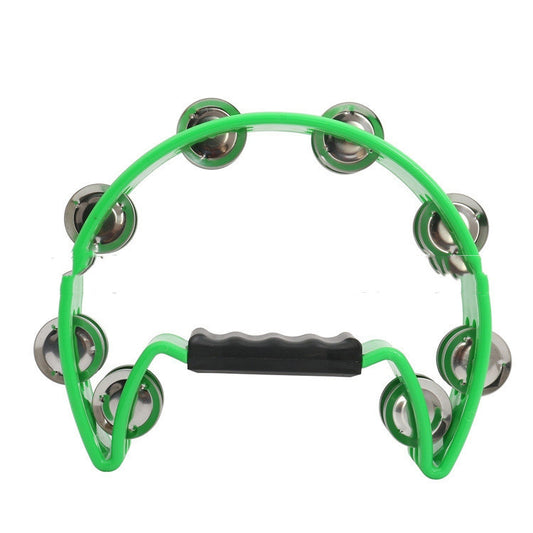 A green plastic tambourine with a single row of jingles and a black comfort handle.