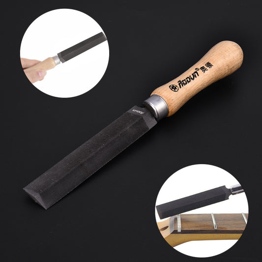 A metal polishing file with a wooden handle, intended for use on musical instruments such as guitars and basses.